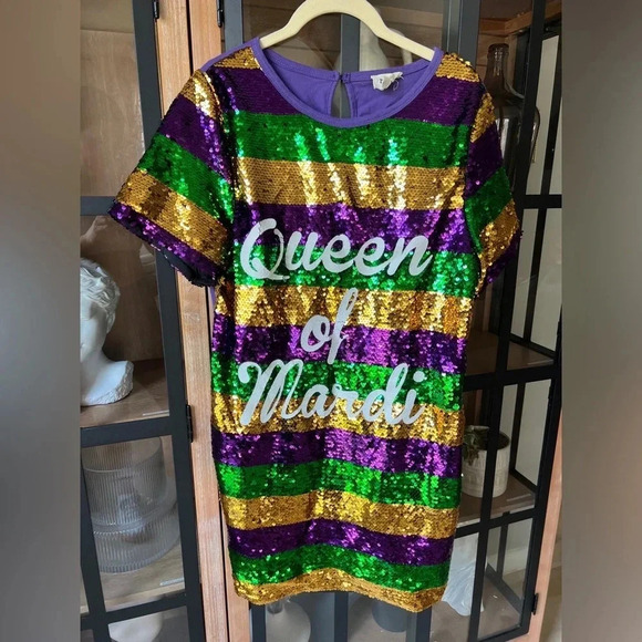 Queen of Mardi Gras sequin tshirt dress short sleeve gold purple green Louisiana - Picture 7 of 7
